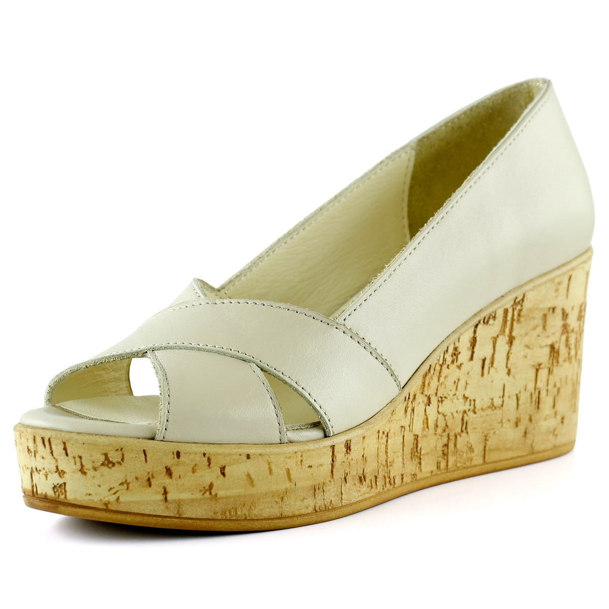 Astrid Bej Hakiki Deri Çapraz Bantlı Mantar Taban Görünümlü Dolgu Topuklu Sandalet