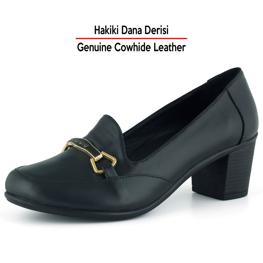 Harriet Siyah Hakiki Dana Derisi Tokalı Yuvarlak Burun Kalın Topuklu Loafer Ayakkabı