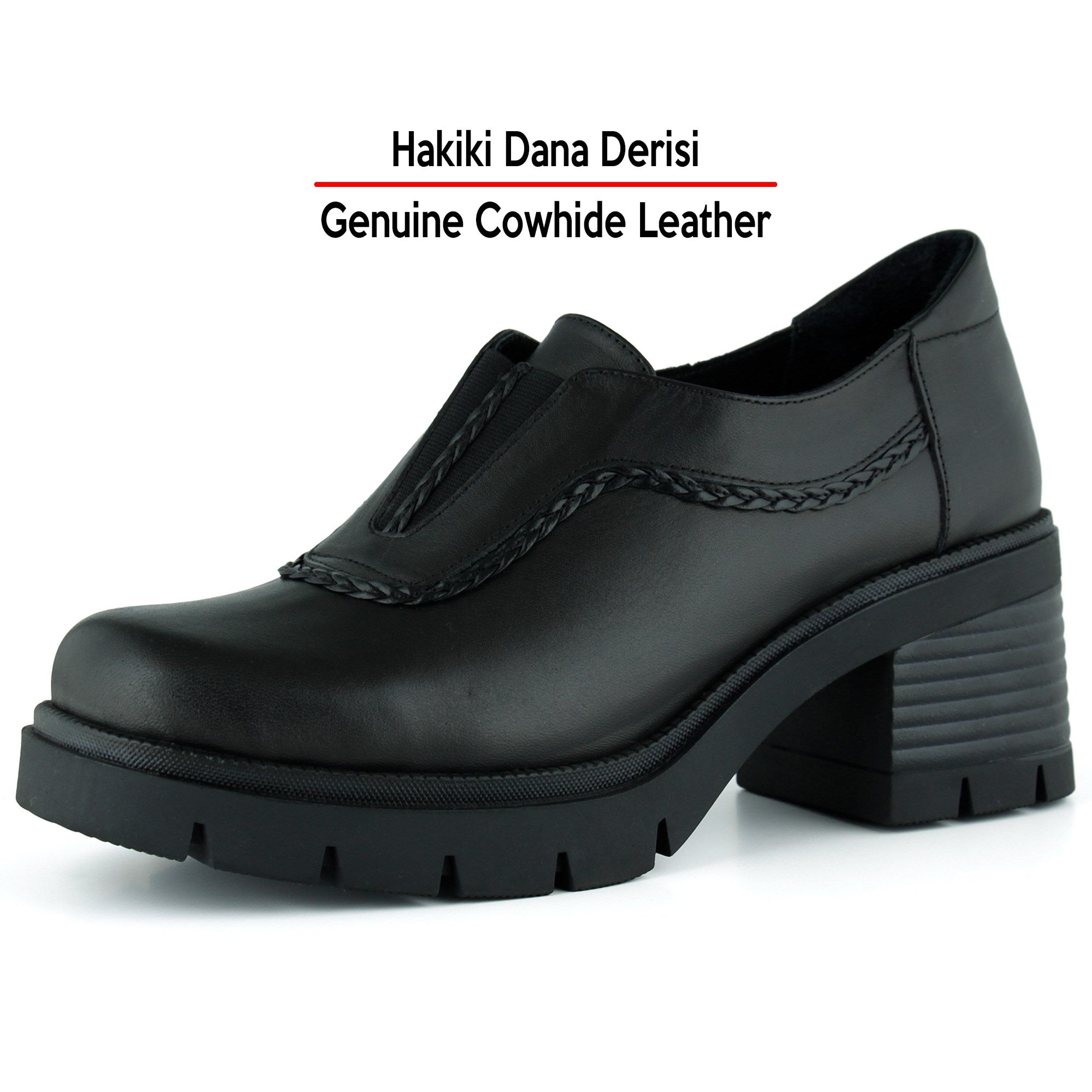 [MAX 5050] Siyah Hakiki Dana Derisi Lastikli Saç Örgü Detaylı Kalın Topuklu Günlük Loafer Ayakkabı