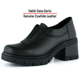 [MAX 5050] Siyah Hakiki Dana Derisi Lastikli Saç Örgü Detaylı Kalın Topuklu Günlük Loafer Ayakkabı