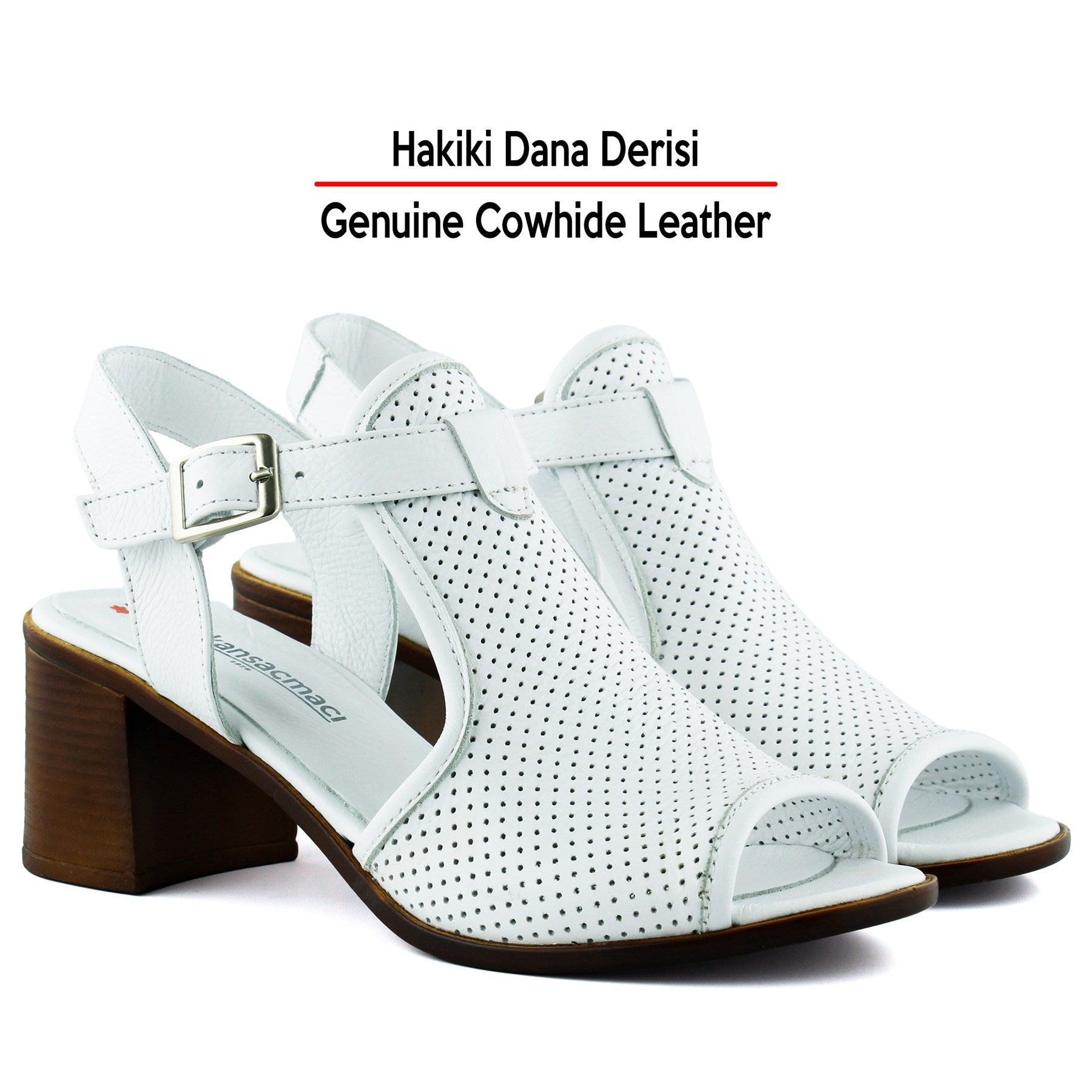 Elena Beyaz Hakiki Dana Derisi Önü Arkası Açık Delik Detaylı Kalın Topuklu Rahat Günlük Sandalet