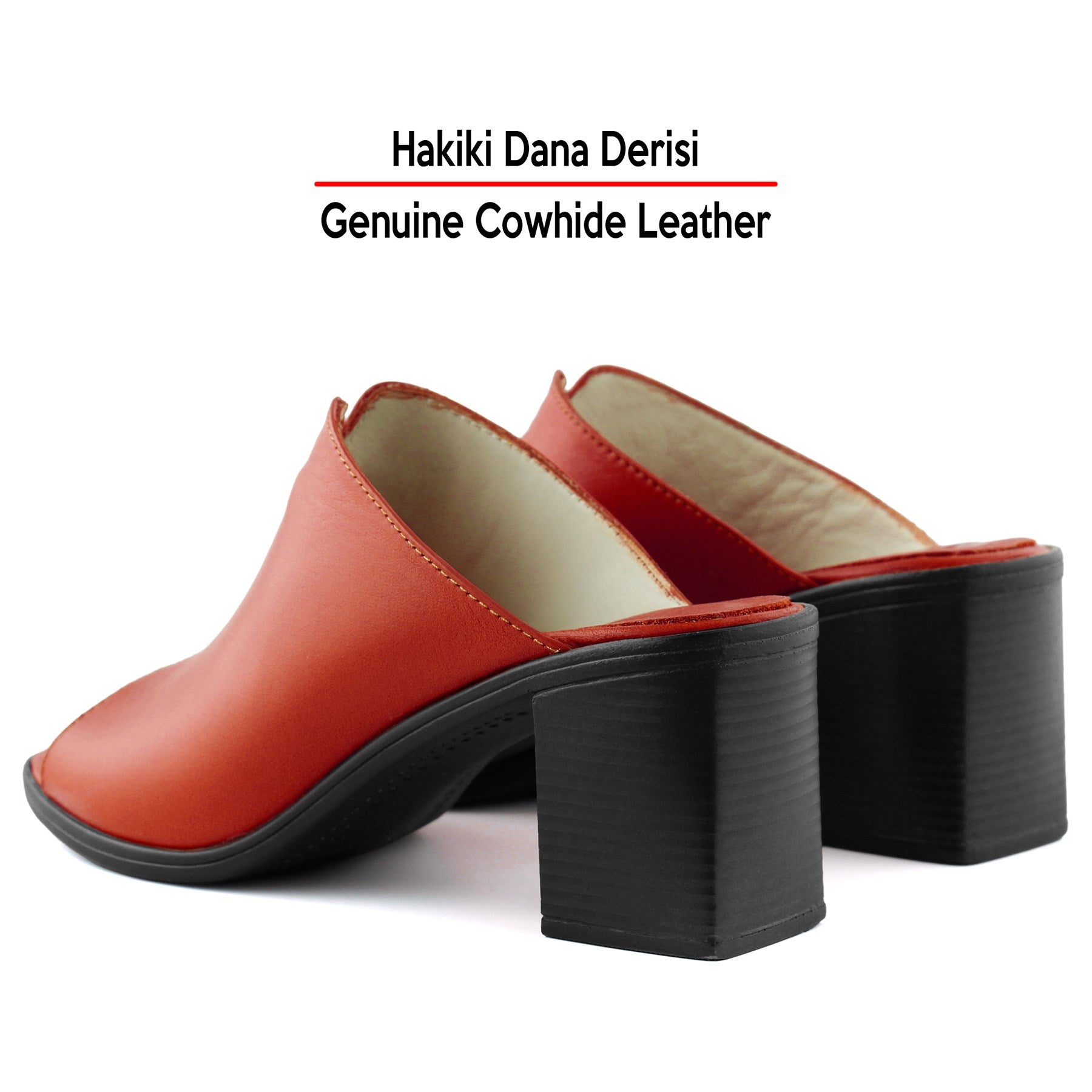 Valery Kırmızı Siyah Hakiki Dana Derisi Önü Açık Kalın Topuklu Terlik