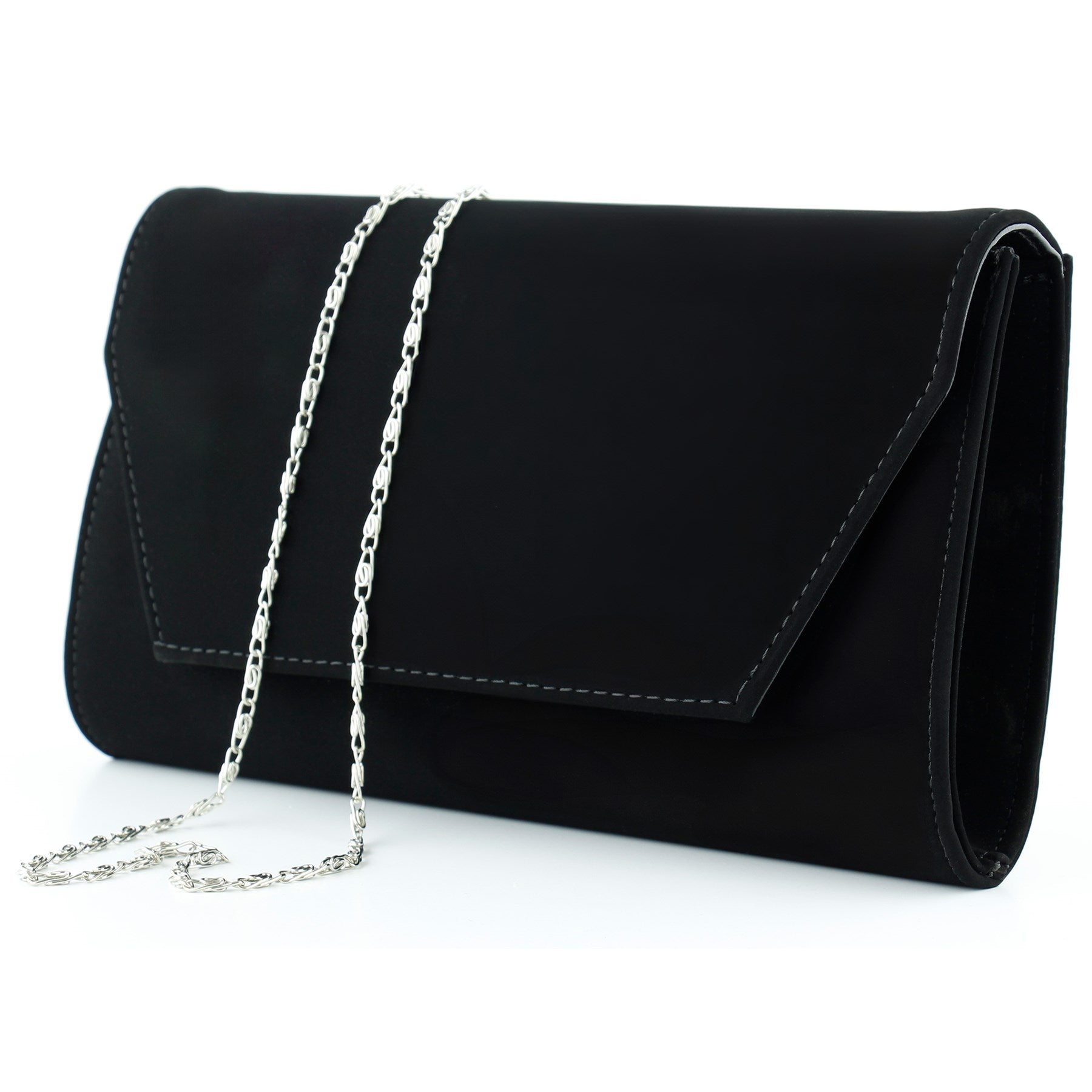 (ES0018AC) Siyah Süet Zincir Askılı Manyetik Kapaklı İç Cepli Zarif Abiye El Çantası