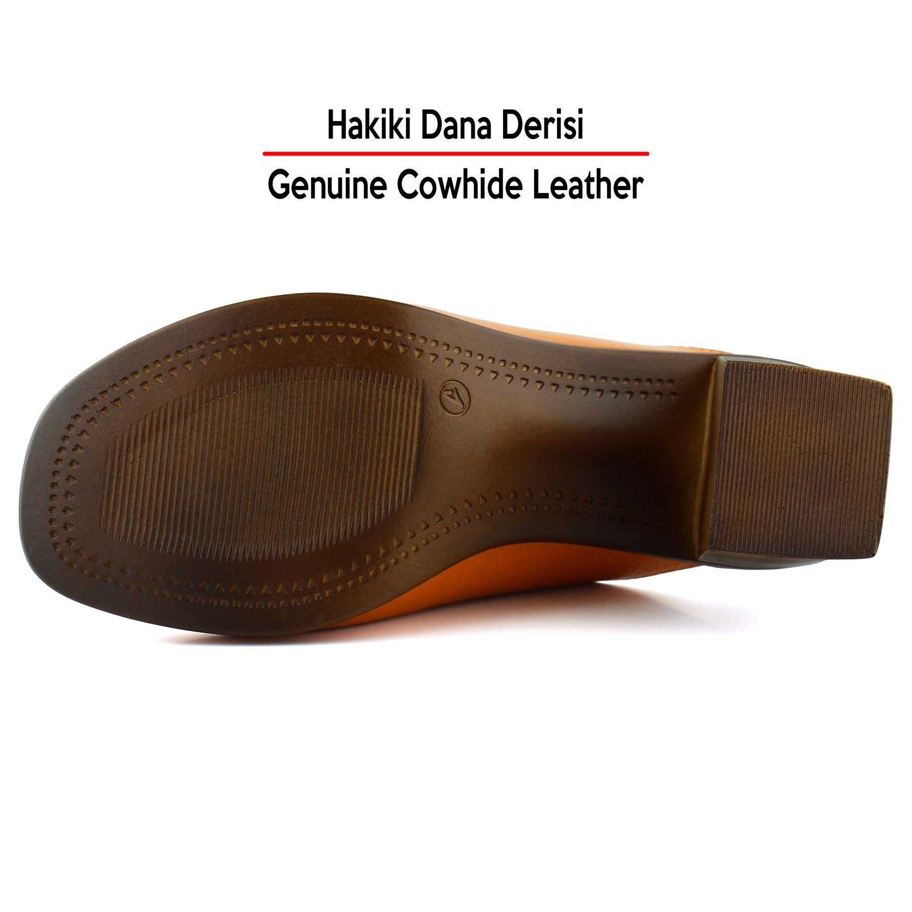 Valery Turuncu Hakiki Dana Derisi Önü Açık Kalın Topuklu Terlik