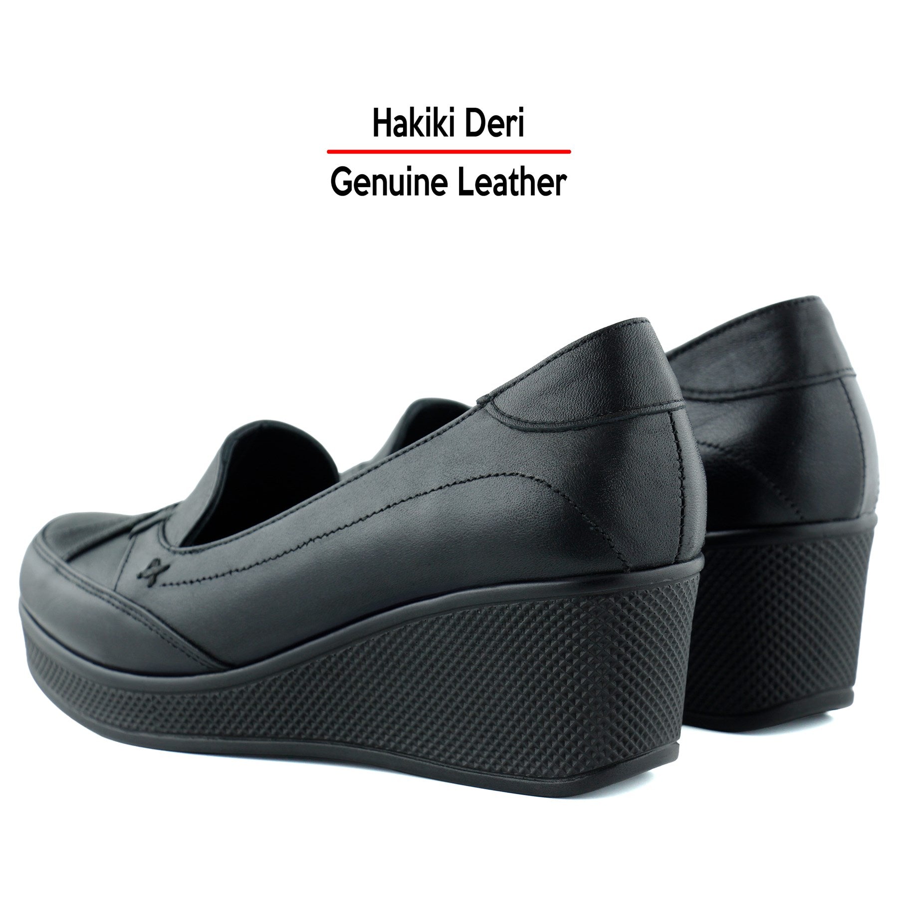 Shay Exclusives Siyah Hakiki Deri Çapraz Bant Detaylı İşlemeli Dolgu Topuklu Günlük Ayakkabı