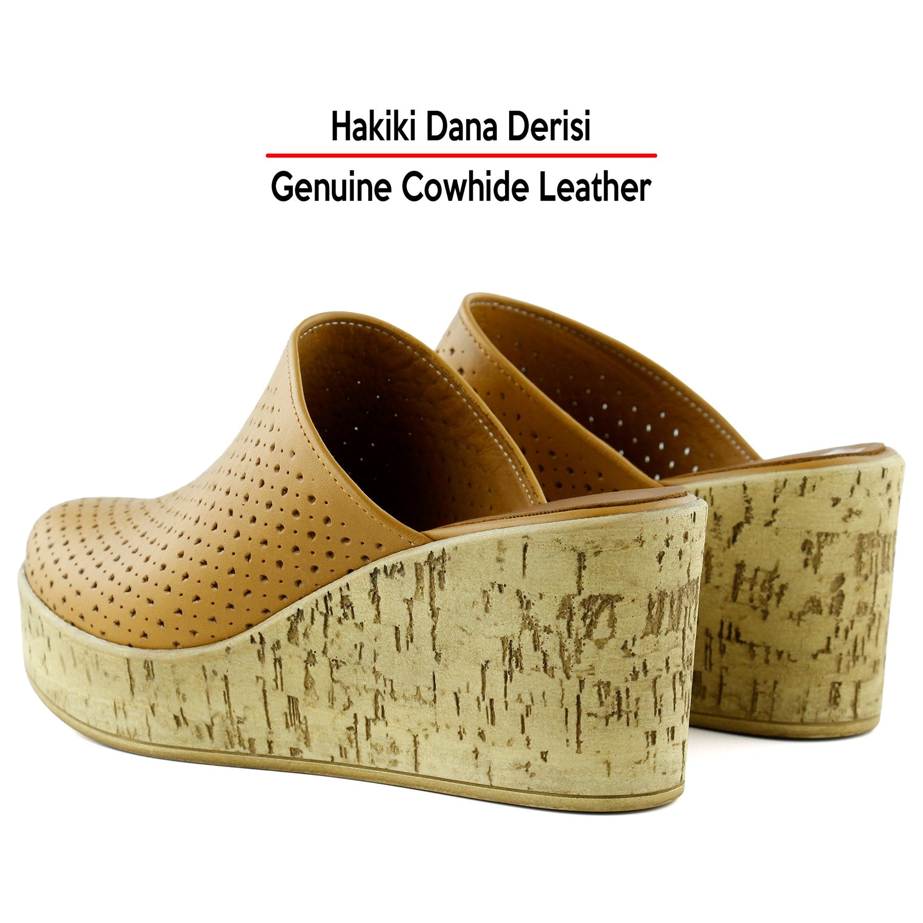 Aria Taba Hakiki Dana Derisi Önü Kapalı Mantar Taban Görünümlü Dolgu Topuklu Terlik