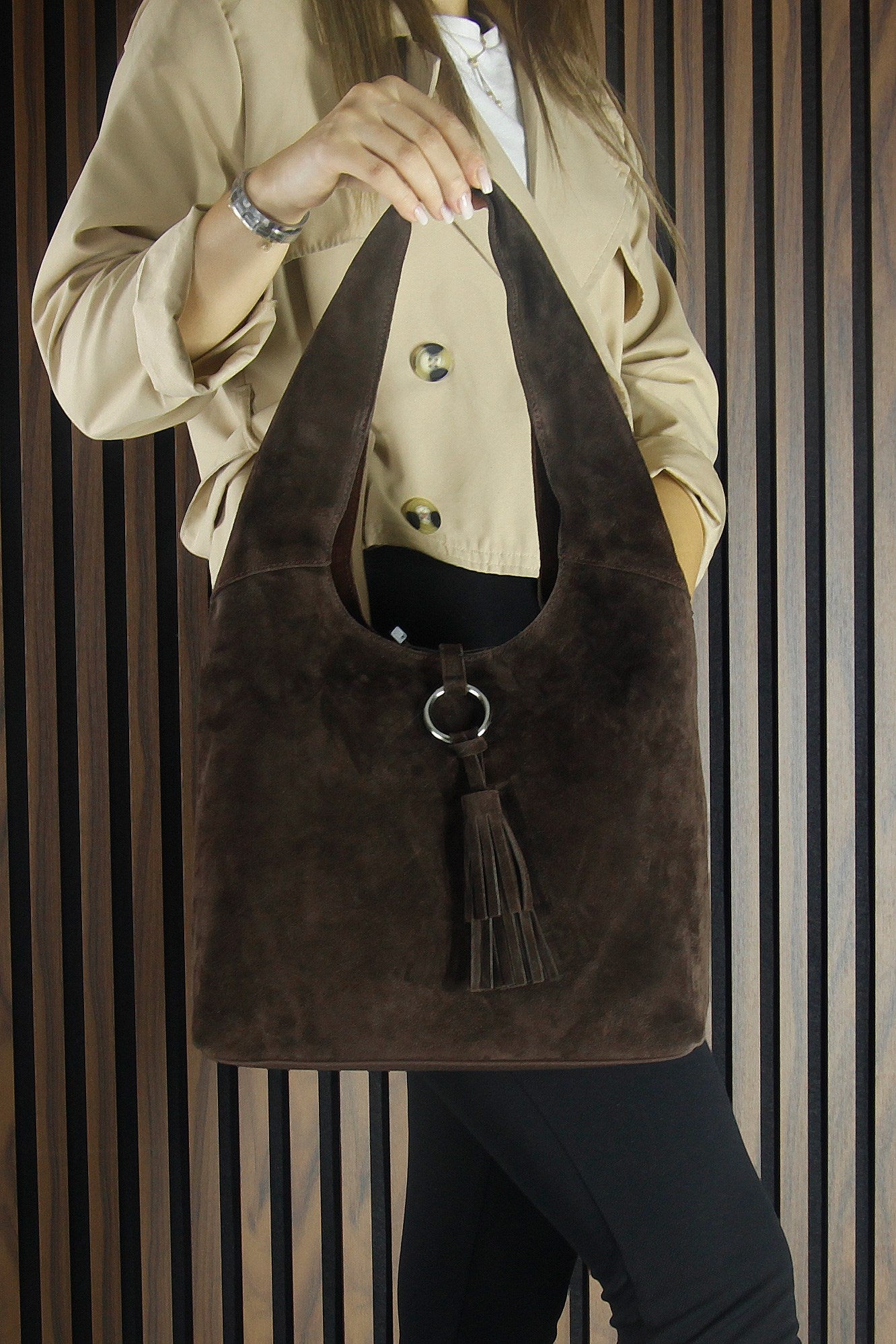 (VSN5015OC) Kahve Hakiki Dana Süet Püsküllü Manyetik Kapaklı Orta Boy Günlük Omuz Çantası