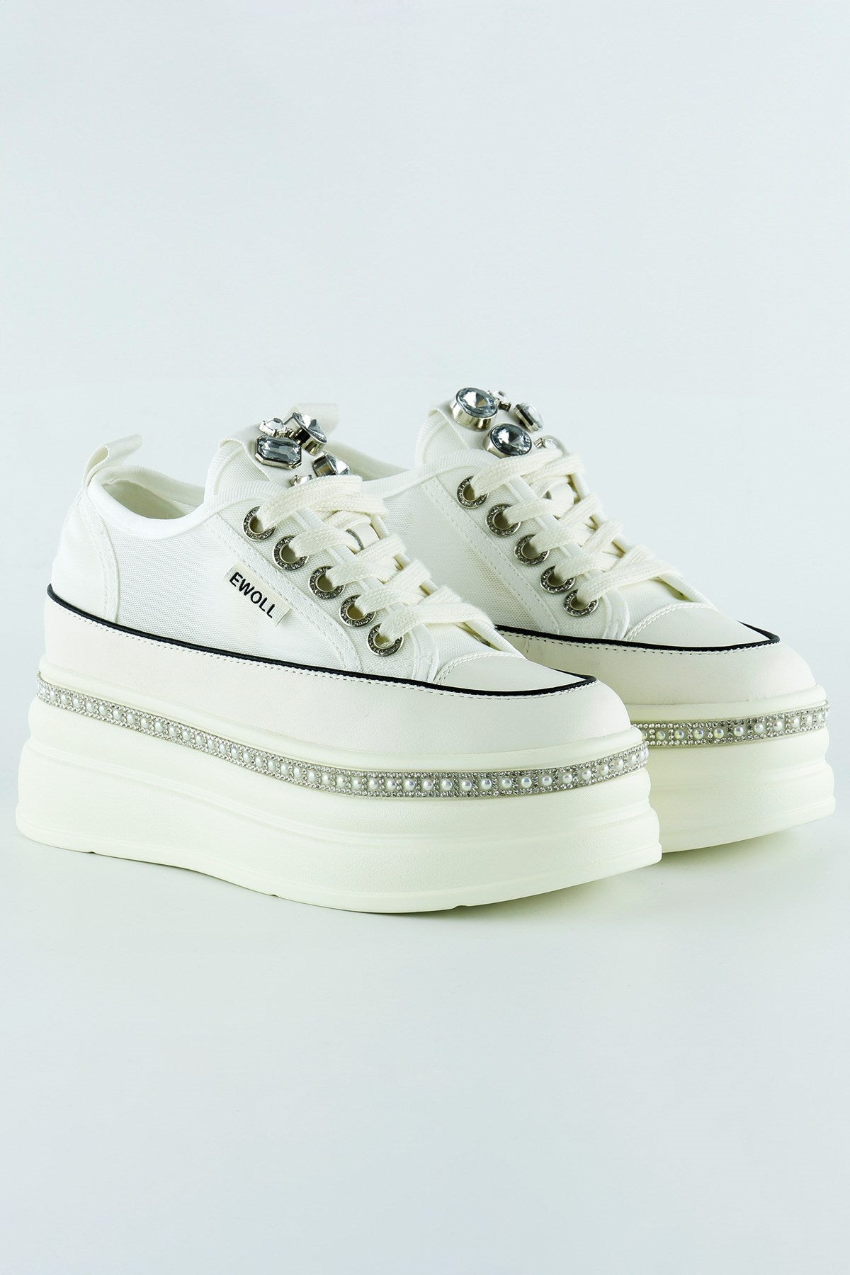 [5030] Beyaz Yüksek Taban Kristal Taşlı İnci Detaylı Bağcıklı Gelin Platform Sneaker