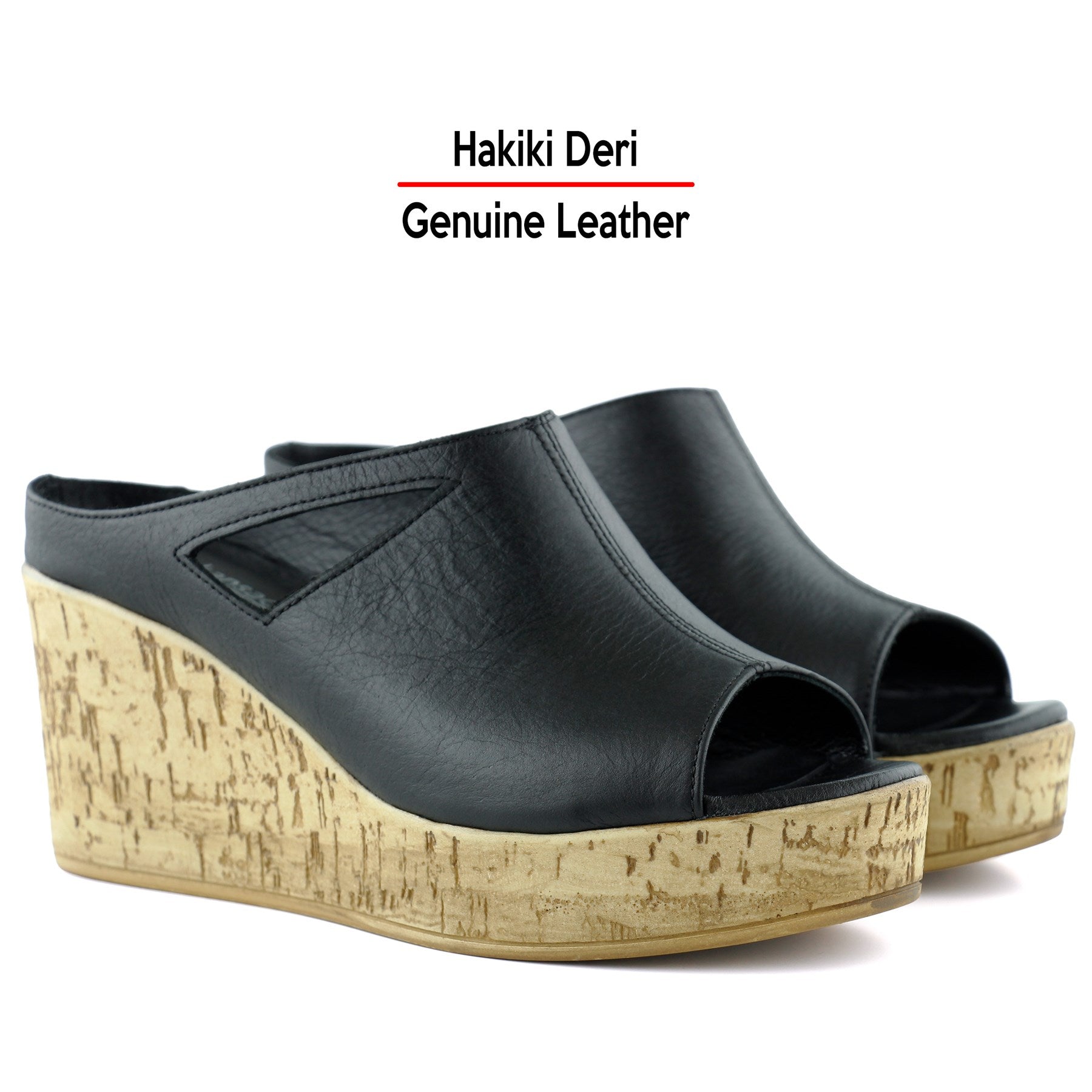 Drusilla Siyah Hakiki Deri Önü Açık Kesik Detaylı Mantar Taban Görünümlü Dolgu Topuklu Terlik