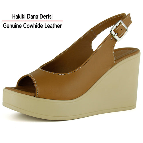 Mathilda Taba Hakiki Dana Derisi Dolgu Topuklu Slingback Sandalet