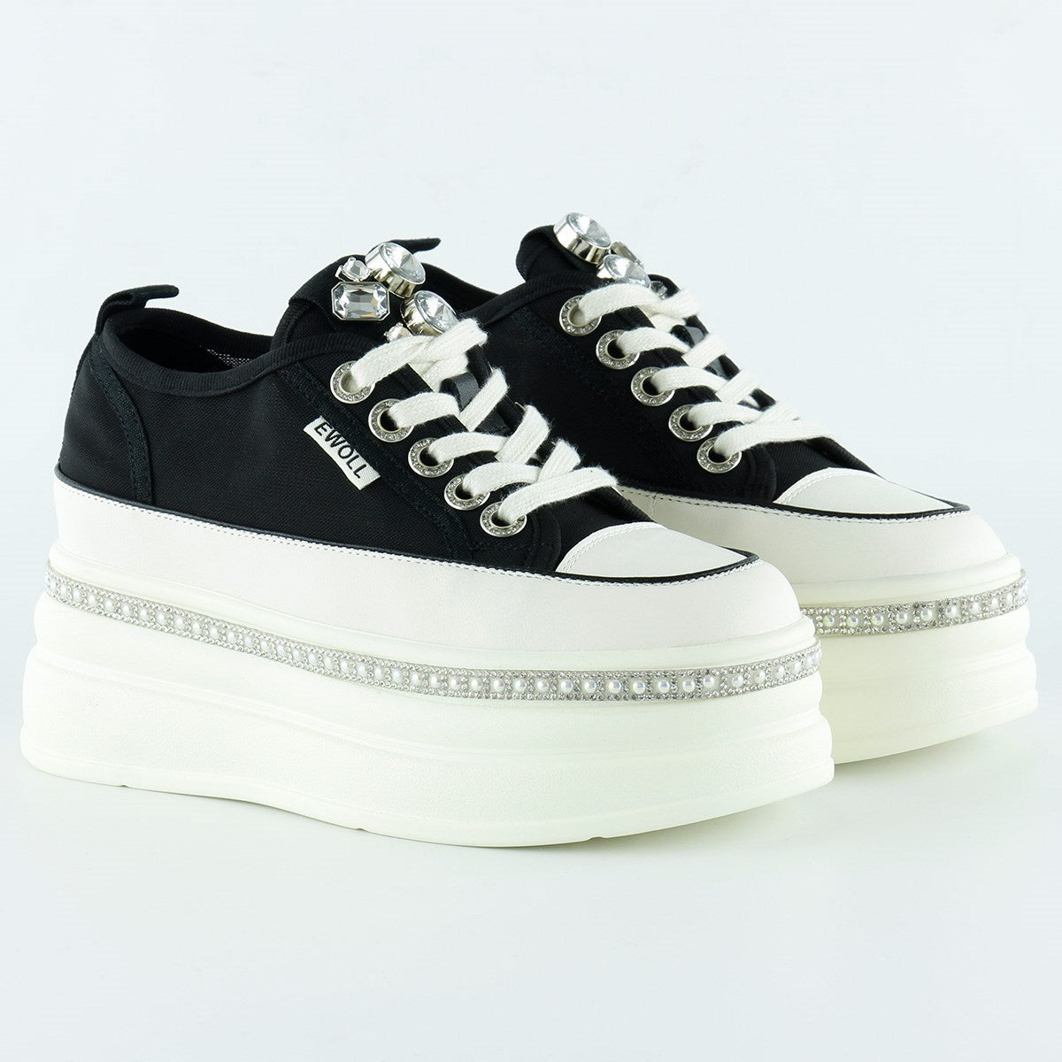 [5030] Siyah Beyaz Yüksek Taban Spor Kristal Taşlı İnci Detaylı Bağcıklı Platform Sneaker