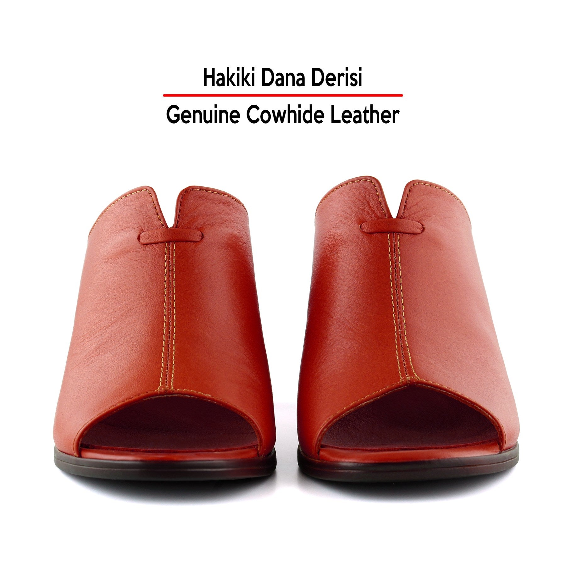 Valery Kırmızı Hakiki Dana Derisi Önü Açık Kalın Topuklu Terlik