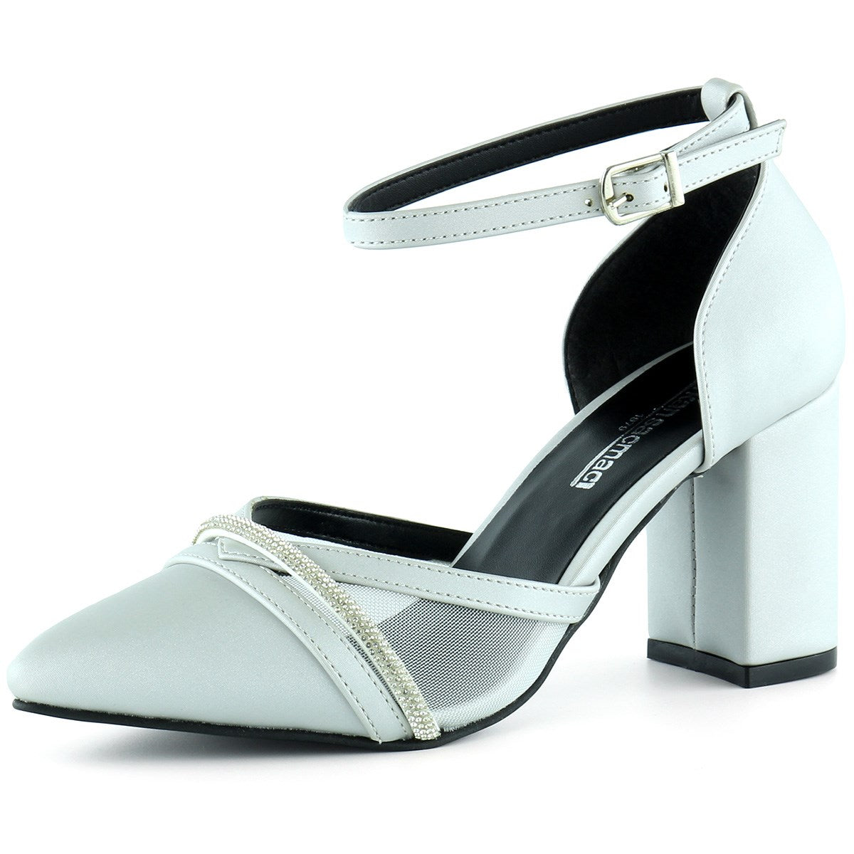 Molly Gümüş Saten Taşlı Fileli Kalın Topuklu Ayakkabı