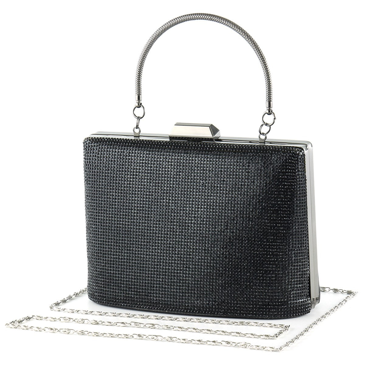 Siyah Saten Kristal Taşlı Metal Saplı Zincir Askılı Abiye Çanta ( ES0011AC )