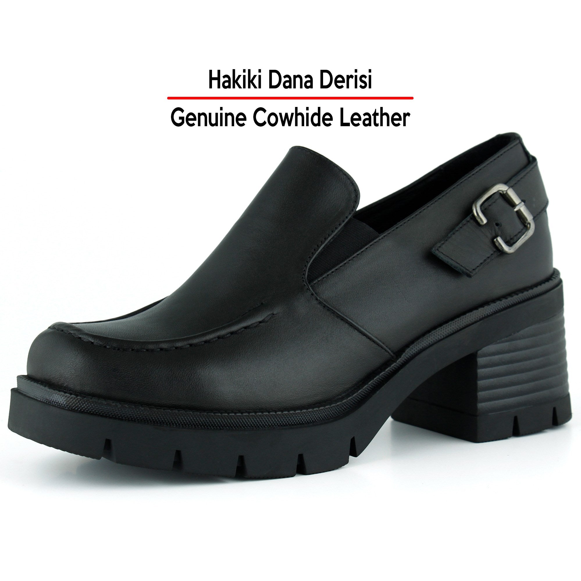 [MAX 5045] Siyah Hakiki Dana Derisi Lastikli Tokalı Kalın Topuklu Günlük Loafer Ayakkabı