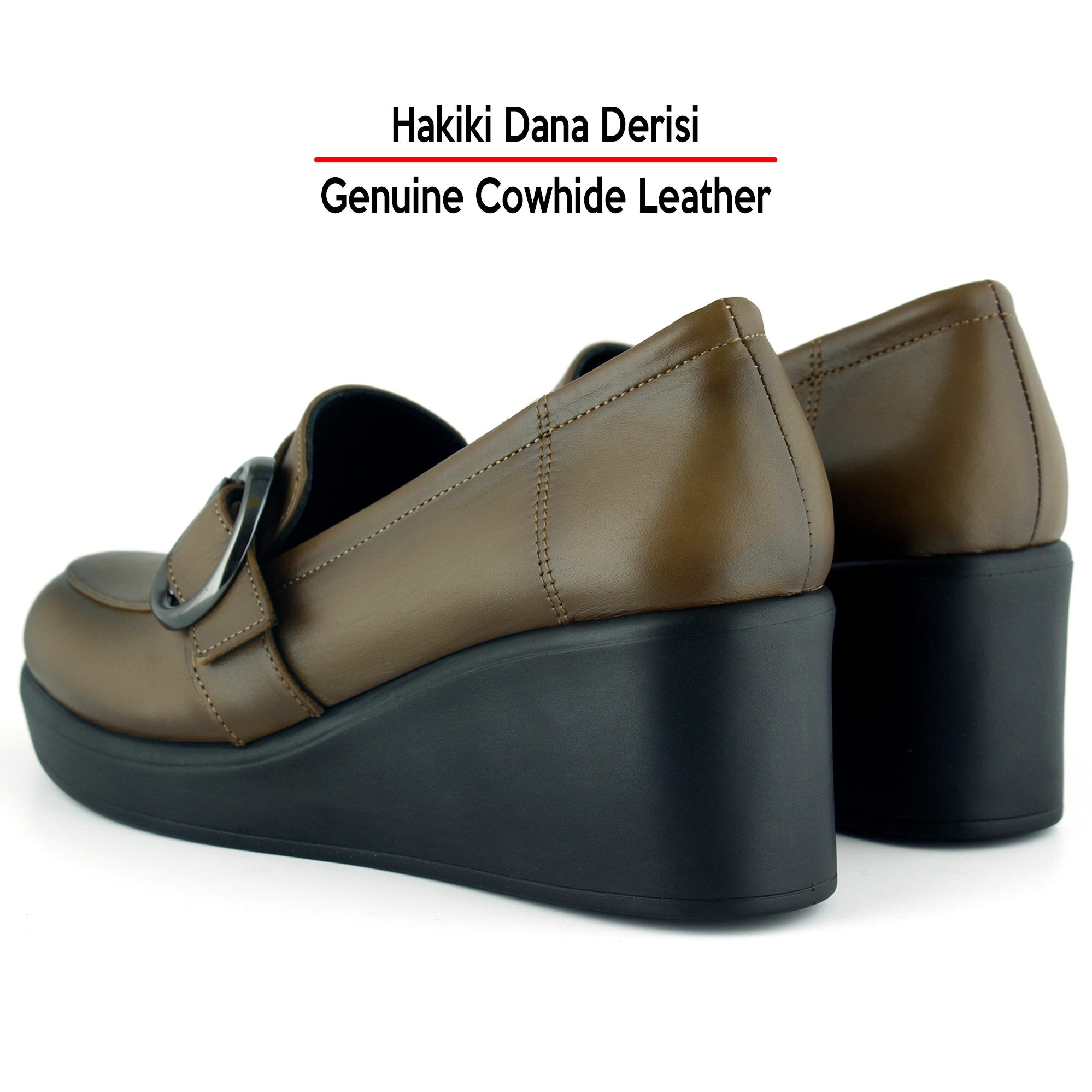 Madeline Ceviz Hakiki Dana Derisi Tokalı Yuvarlak Burun Dolgu Topuklu Günlük Ayakkabı