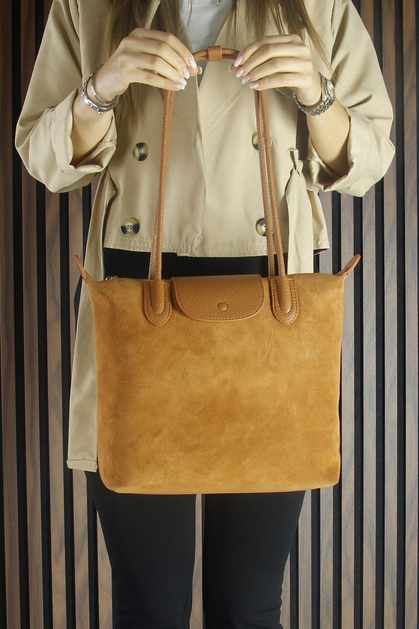 (VSN5017OC) Taba Hakiki Dana Süet Fermuarlı Manyetik Kapaklı Büyük Boy Günlük Omuz Çantası