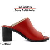 Valery Kırmızı Siyah Hakiki Dana Derisi Önü Açık Kalın Topuklu Terlik