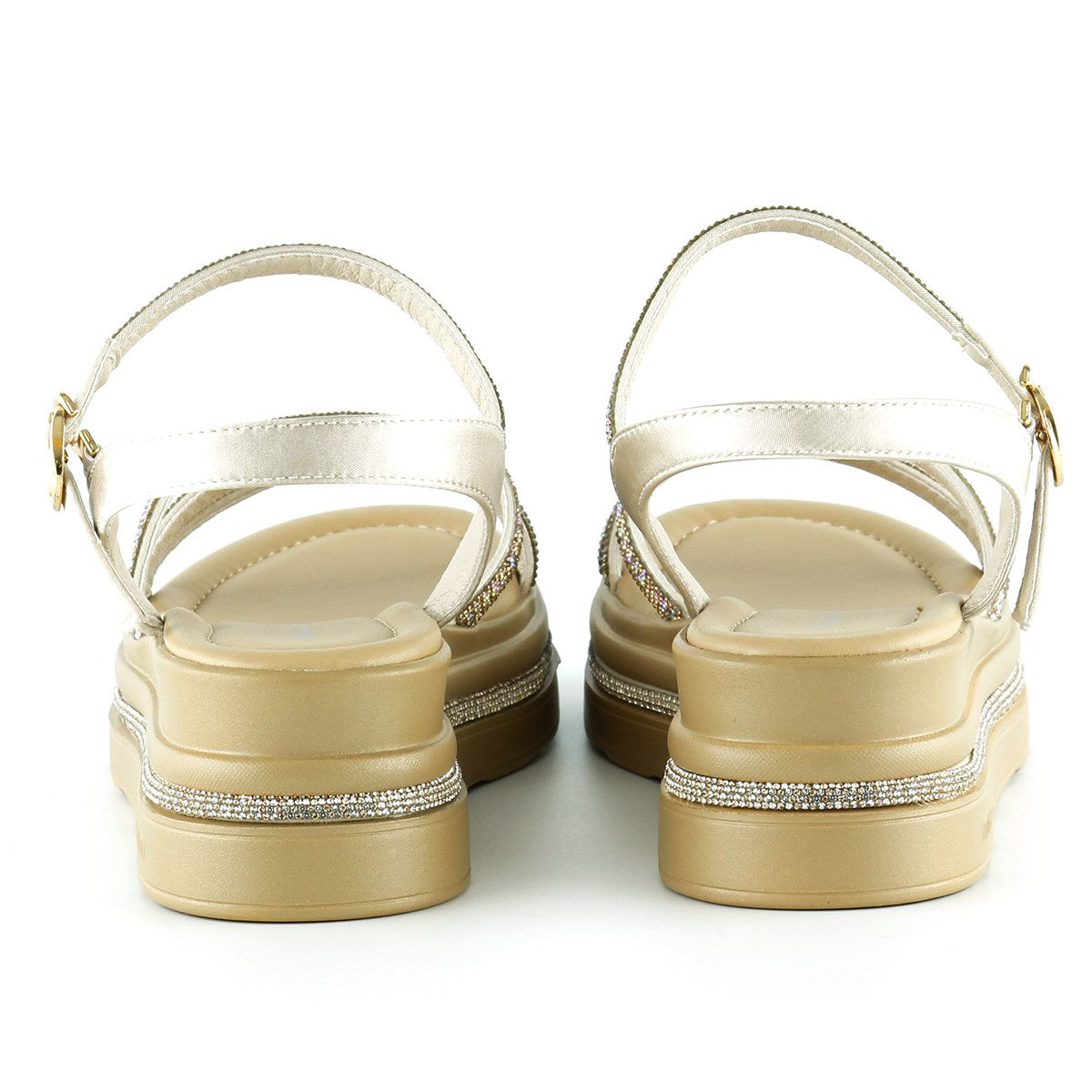 [7026] Bej Saten Altın Kristal Taşlı Platform Sandalet