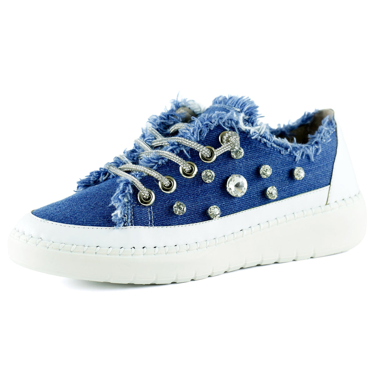 Valentina Mavi Denim Kristal Taşlı Gümüş Bağcıklı Sneaker