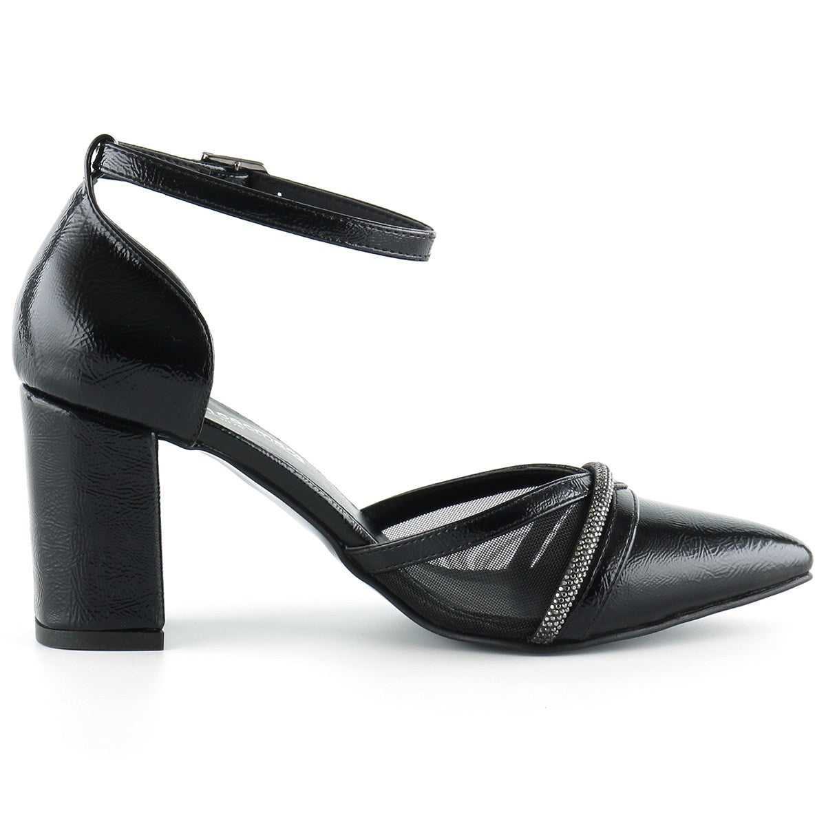 Molly Siyah Rugan Taşlı Fileli Kalın Topuklu Ayakkabı