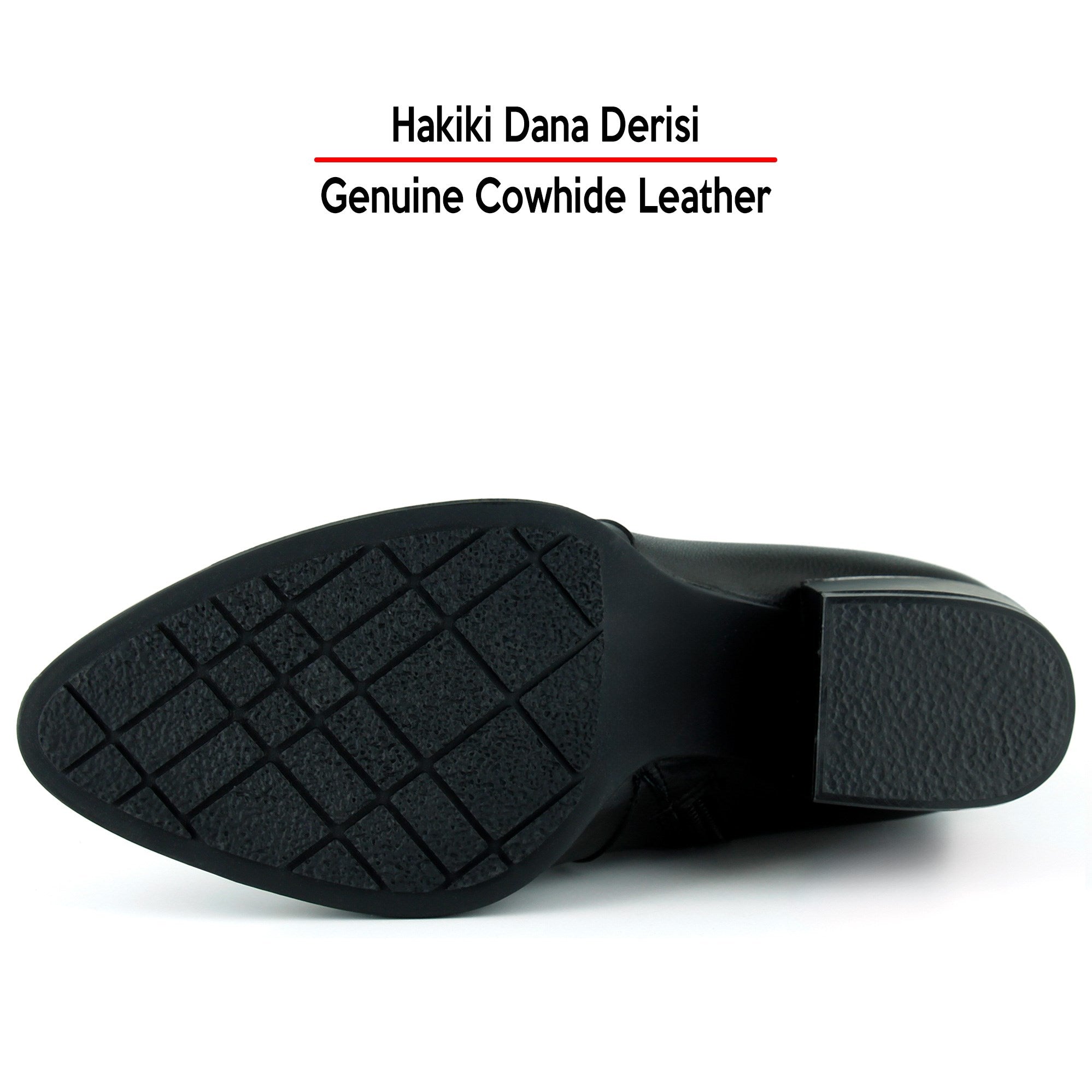 [MAX 504] Siyah Hakiki Dana Derisi Tokalı Fermuarlı Sivri Burun Kalın Topuklu Günlük Bot