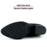 [MAX 504] Siyah Hakiki Dana Derisi Tokalı Fermuarlı Sivri Burun Kalın Topuklu Günlük Bot