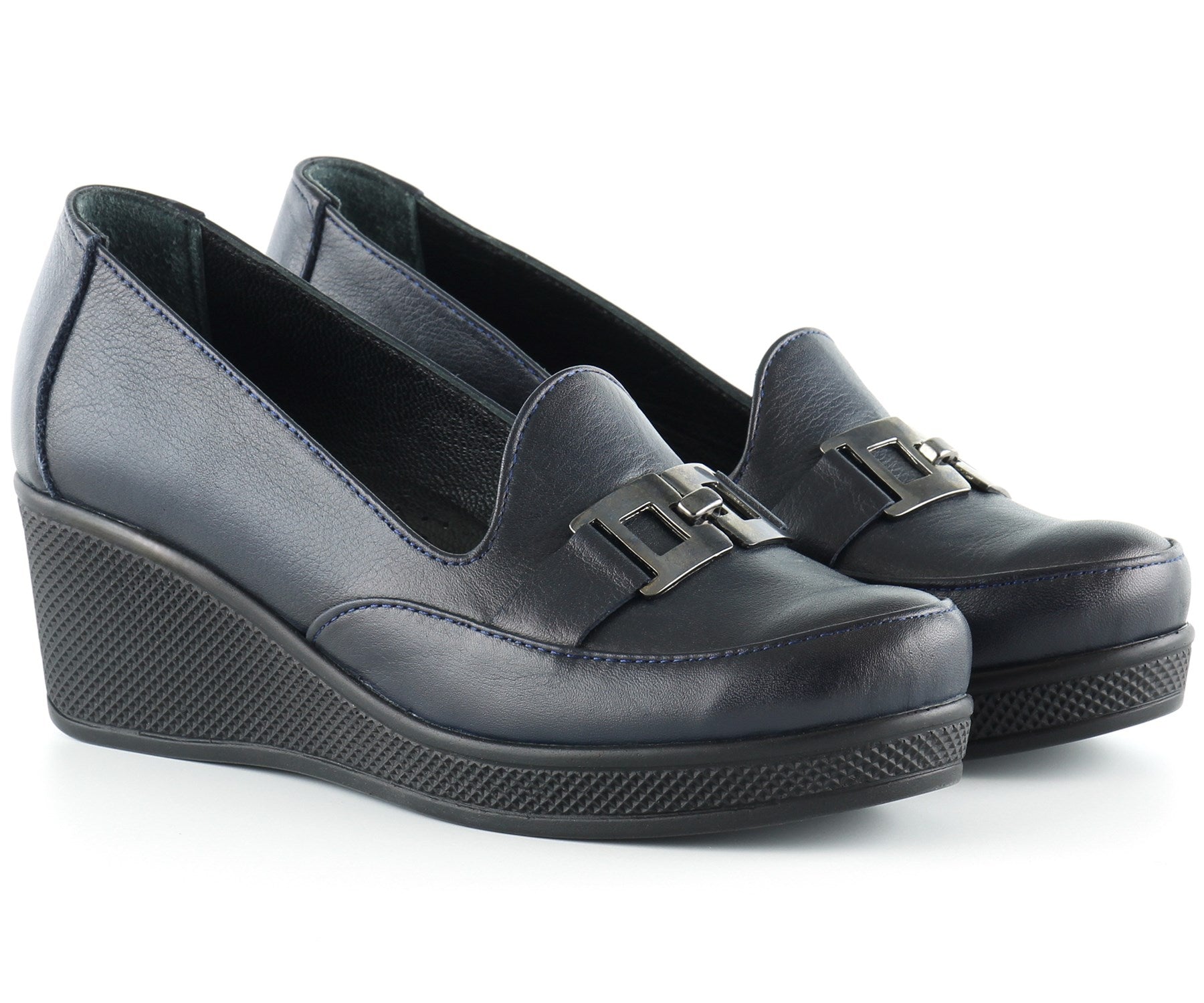 Dafne Lacivert Hakiki Deri Tokalı Yuvarlak Burun Dolgu Topuklu Günlük Ayakkabı