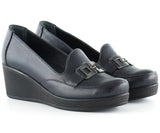 Dafne Lacivert Hakiki Deri Tokalı Yuvarlak Burun Dolgu Topuklu Günlük Ayakkabı