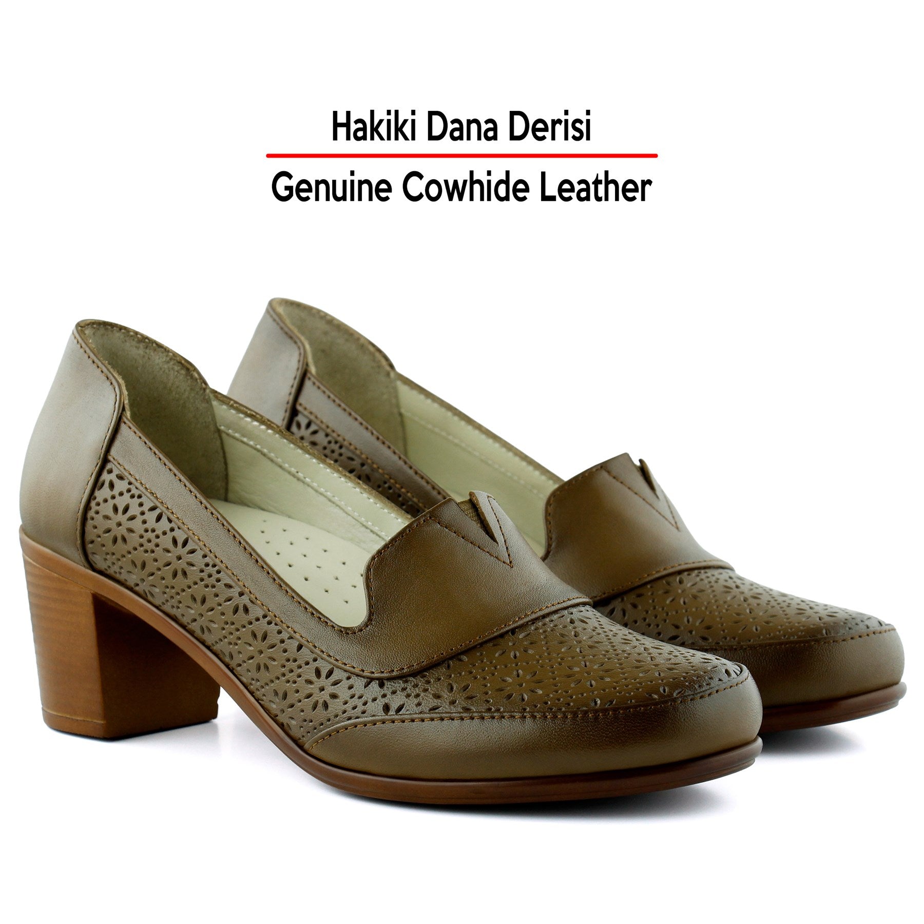 Madre Kahverengi Hakiki Dana Derisi Vintage Desenli Kalın Topuklu Günlük Klasik Ayakkabı