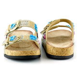 [7048] Bej Sabit Çift Bantlı Renkli Taşlı Boncuklu Mantar Taban Görünümlü Terlik