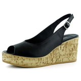 Heather Siyah Hakiki Dana Derisi Mantar Taban Görünümlü Dolgu Topuklu Slingback Sandalet