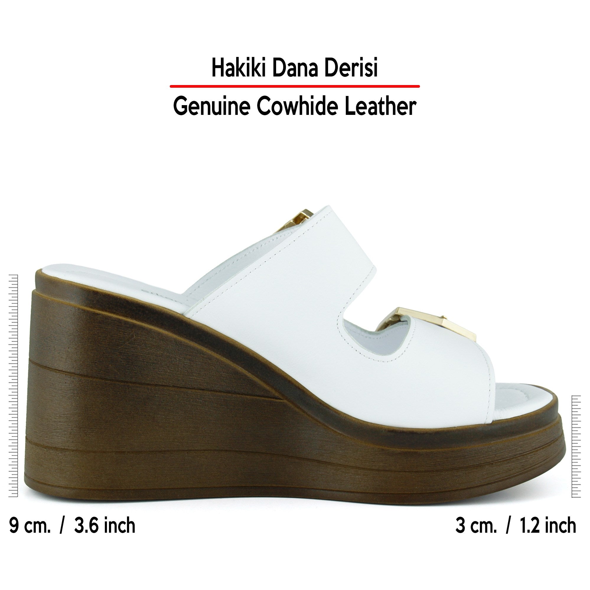Denise Beyaz Hakiki Dana Derisi Çift Tokalı Platform Dolgu Topuklu Kadın Terlik
