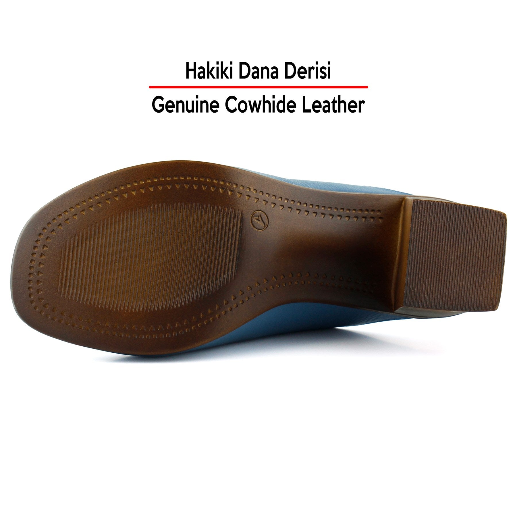 Valery Mavi Hakiki Dana Derisi Önü Açık Kalın Topuklu Terlik