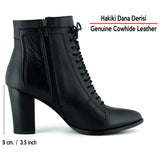 [MAX 234] Siyah Hakiki Dana Derisi Bağcıklı Fermuarlı Sivri Burun Kalın Topuklu Günlük Bot