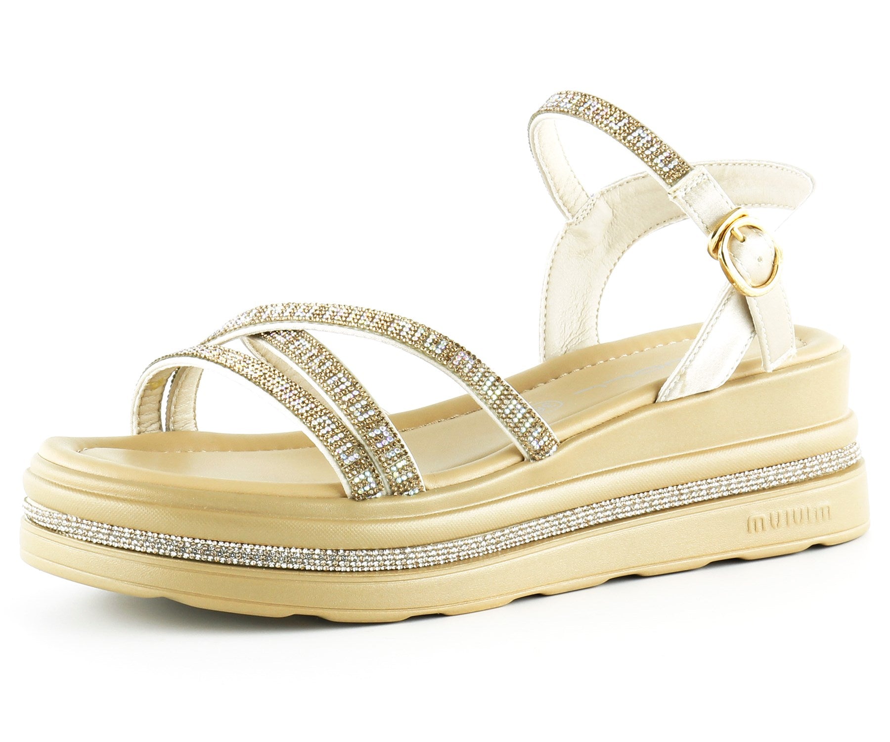 [7026] Bej Saten Altın Kristal Taşlı Platform Sandalet