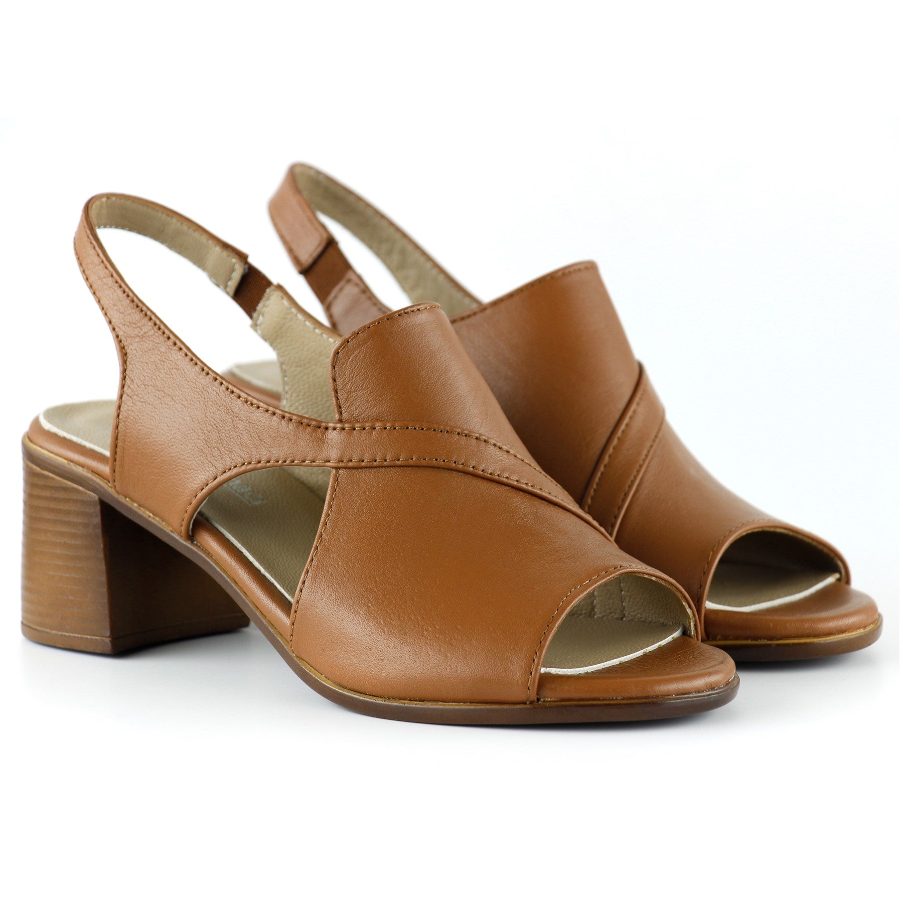 Saules Taba Hakiki Deri Kesik Detaylı Lastik Bantlı Topuklu Sandalet