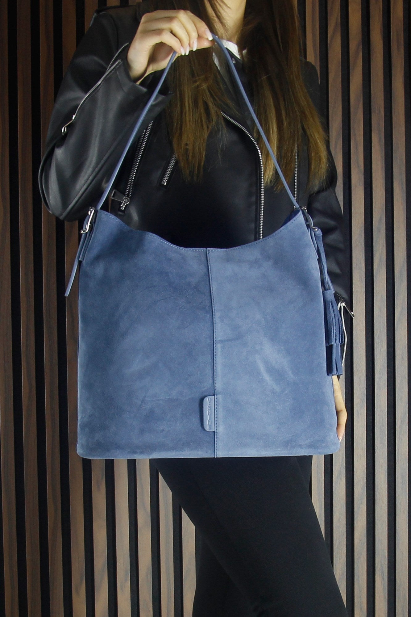 (VSN5016OC) Mavi Hakiki Dana Süet Püsküllü Manyetik Kapaklı Büyük Boy Günlük Omuz Çantası ve El Çantası