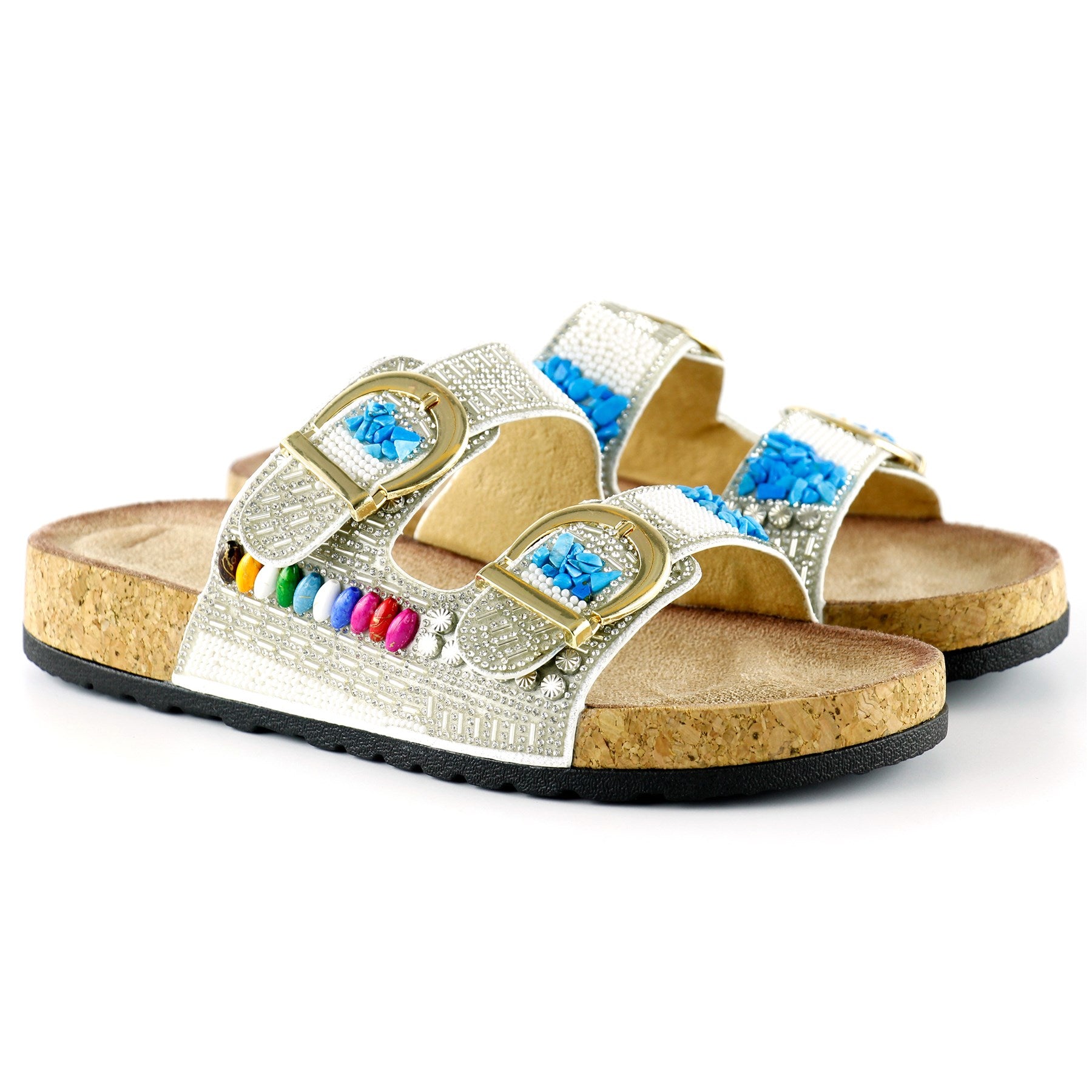 [7048] Beyaz Sabit Çift Bantlı Renkli Taşlı Boncuklu Mantar Taban Görünümlü Terlik