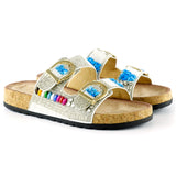 [7048] Beyaz Sabit Çift Bantlı Renkli Taşlı Boncuklu Mantar Taban Görünümlü Terlik