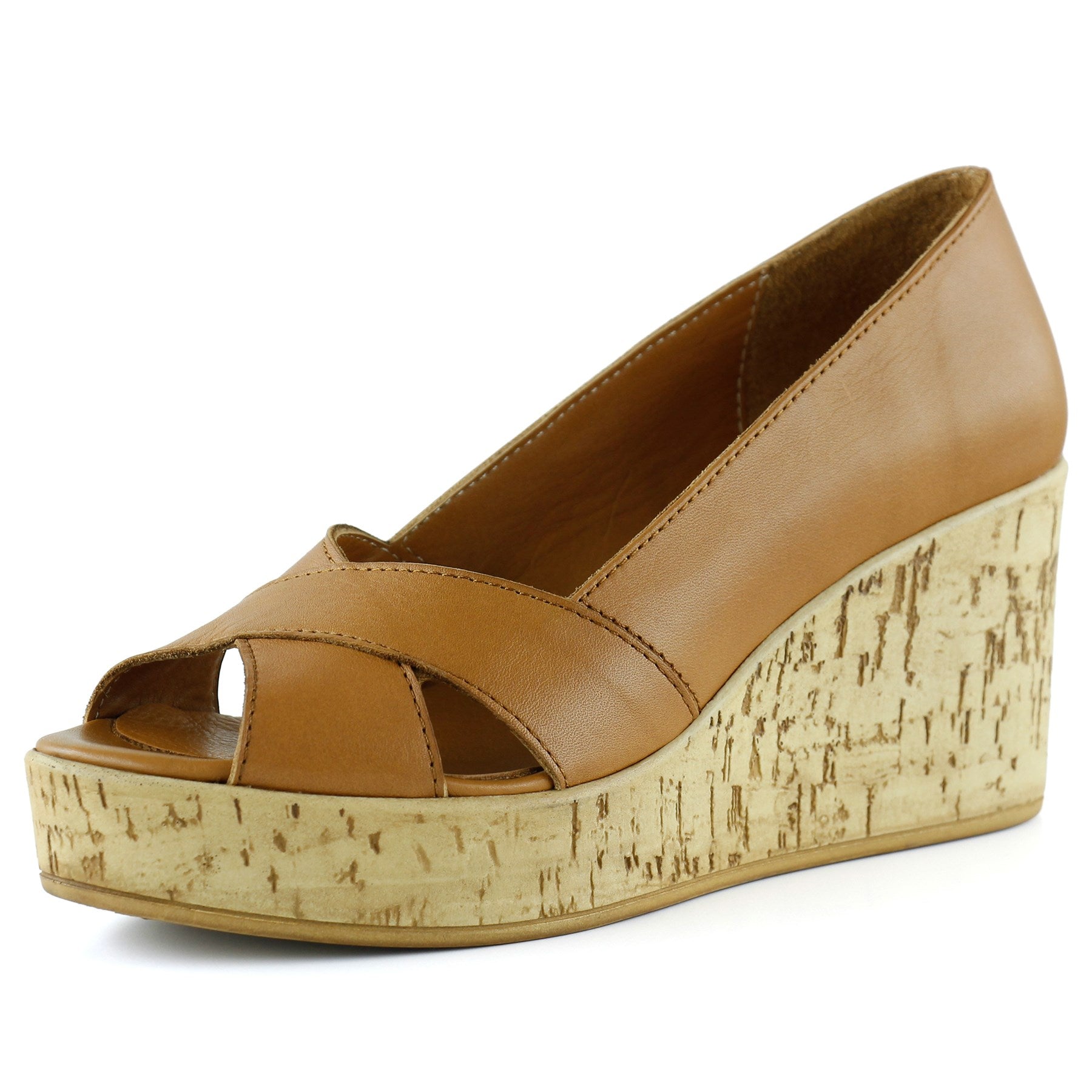 Astrid Taba Hakiki Deri Çapraz Bantlı Mantar Taban Görünümlü Dolgu Topuklu Sandalet