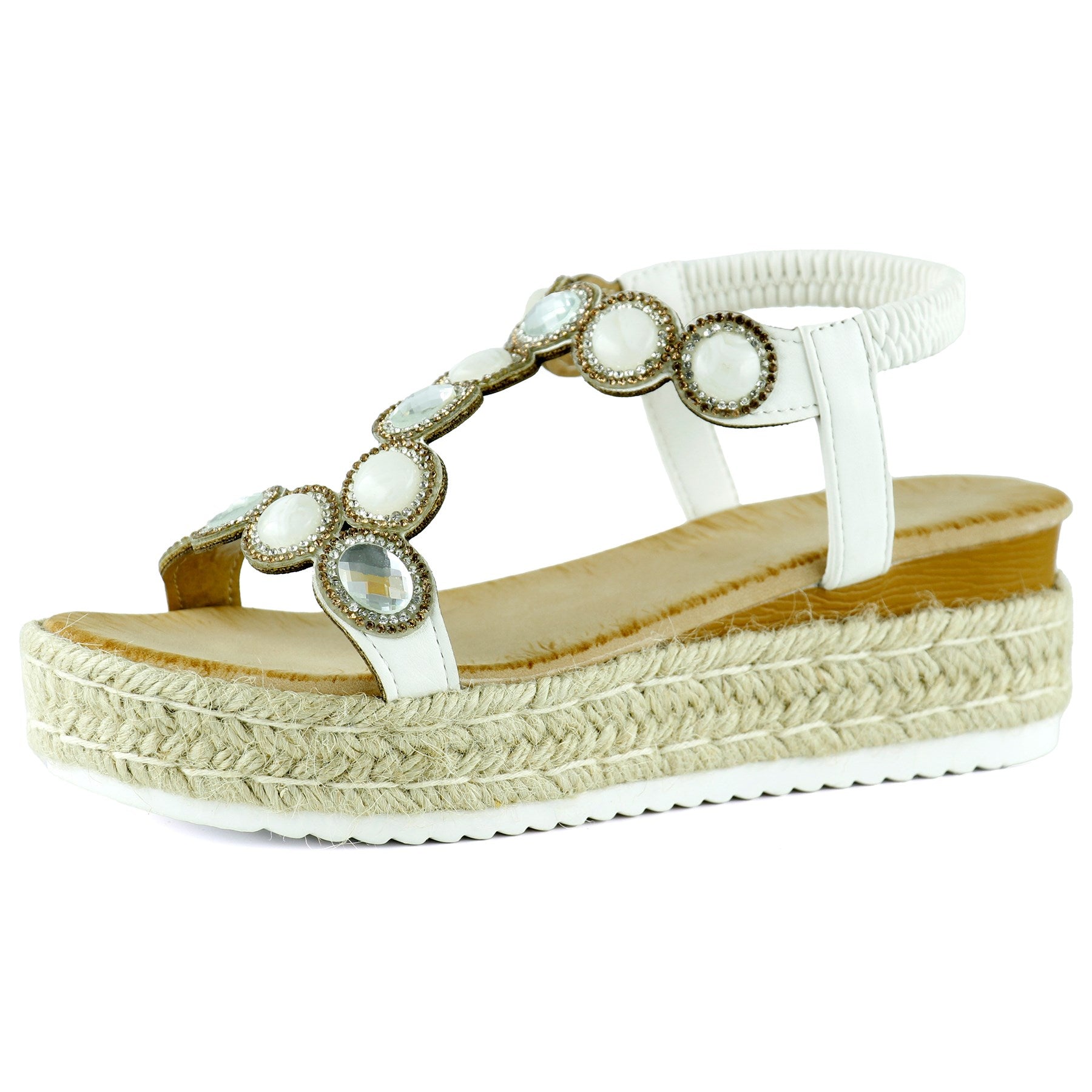 [7022] Beyaz Kristal Taşlı Elastik Bantlı Zikzak Örgü Jüt Platform Topuklu Sandalet
