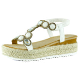 [7022] Beyaz Kristal Taşlı Elastik Bantlı Zikzak Örgü Jüt Platform Topuklu Sandalet