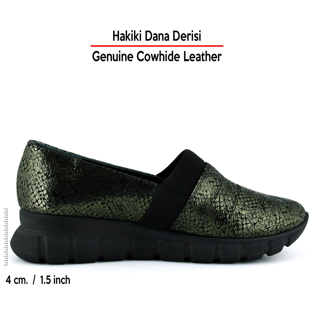 Lorraine Haki Yılan Hakiki Dana Derisi Streç Dolgu Topuklu Günlük Ayakkabı