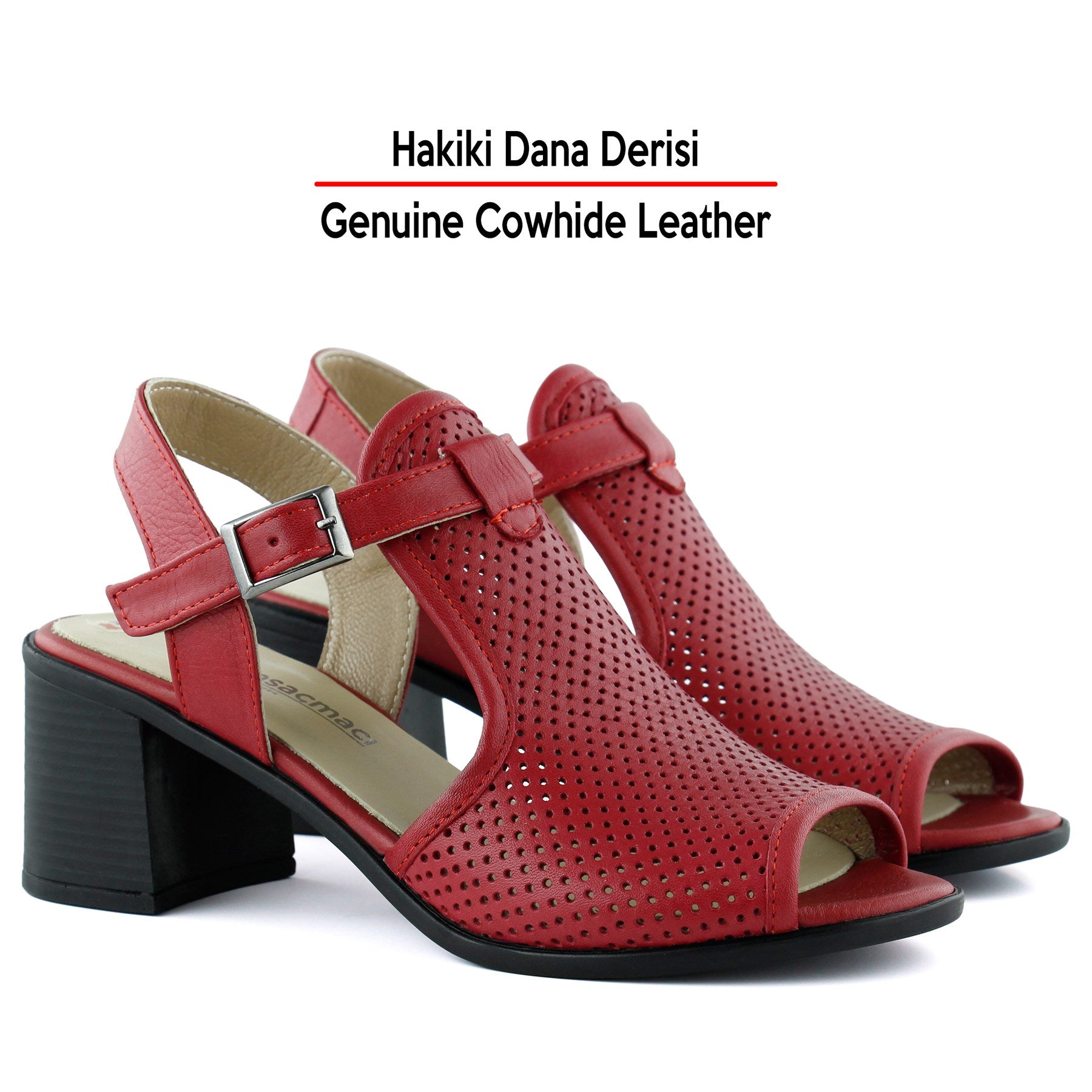 Elena Kırmızı Hakiki Dana Derisi Önü Arkası Açık Delik Detaylı Kalın Topuklu Rahat Günlük Sandalet