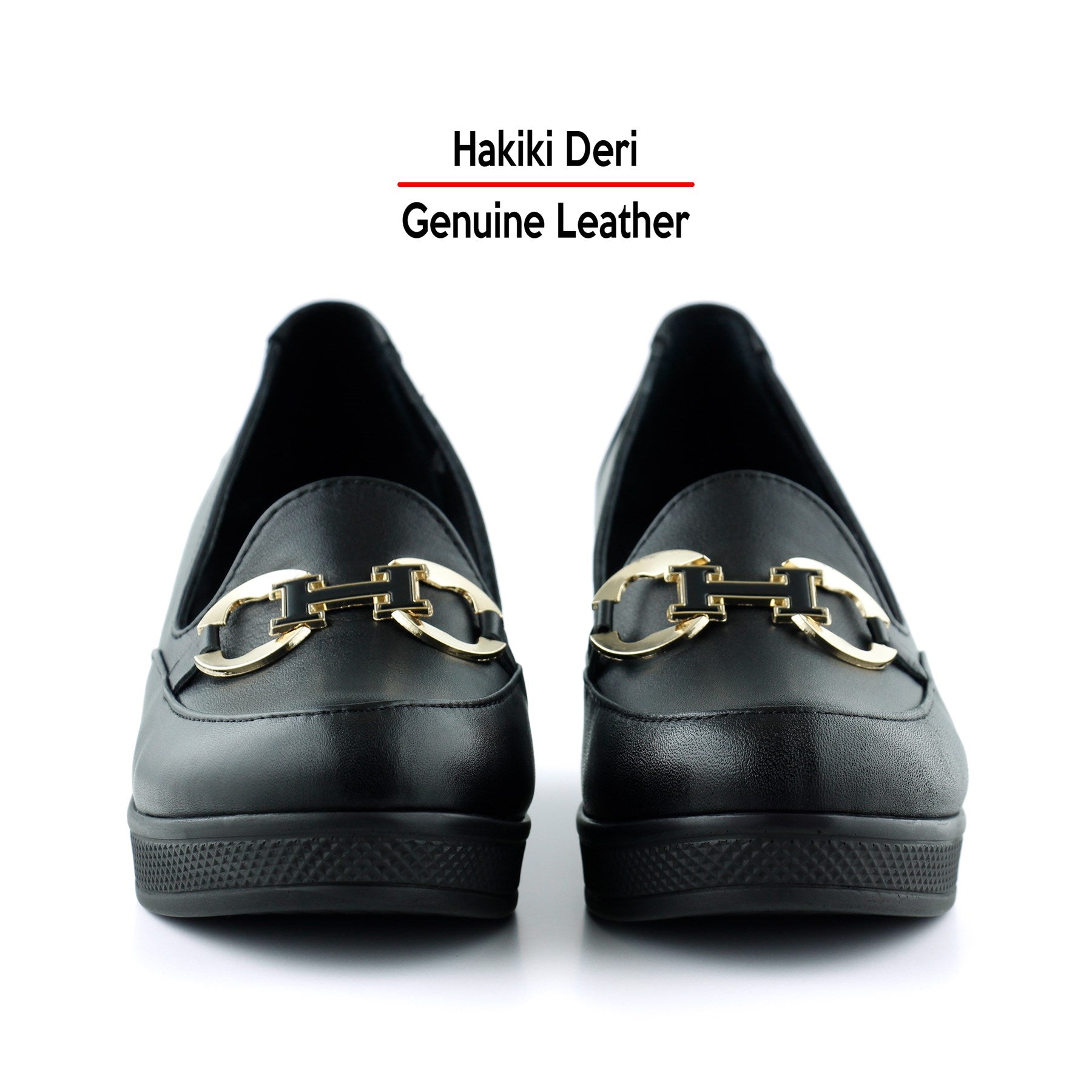 Hayley Siyah Hakiki Deri Tokalı Yuvarlak Burun Dolgu Topuklu Günlük Ayakkabı