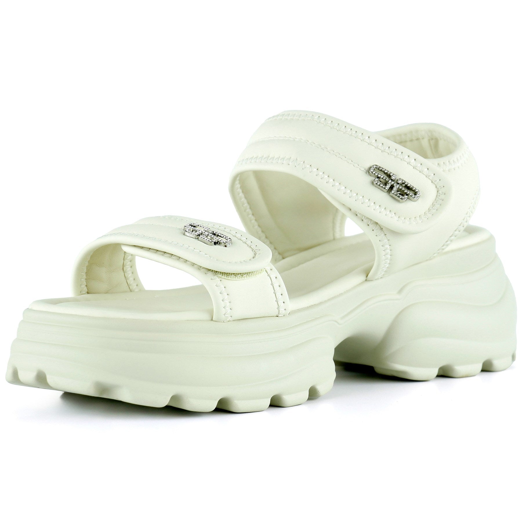 [7030] Bej Kristal Taşlı Çift Cırt Cırt Bantlı Platform Sandalet