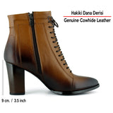 [MAX 234] Taba Hakiki Dana Derisi Bağcıklı Fermuarlı Sivri Burun Kalın Topuklu Günlük Bot