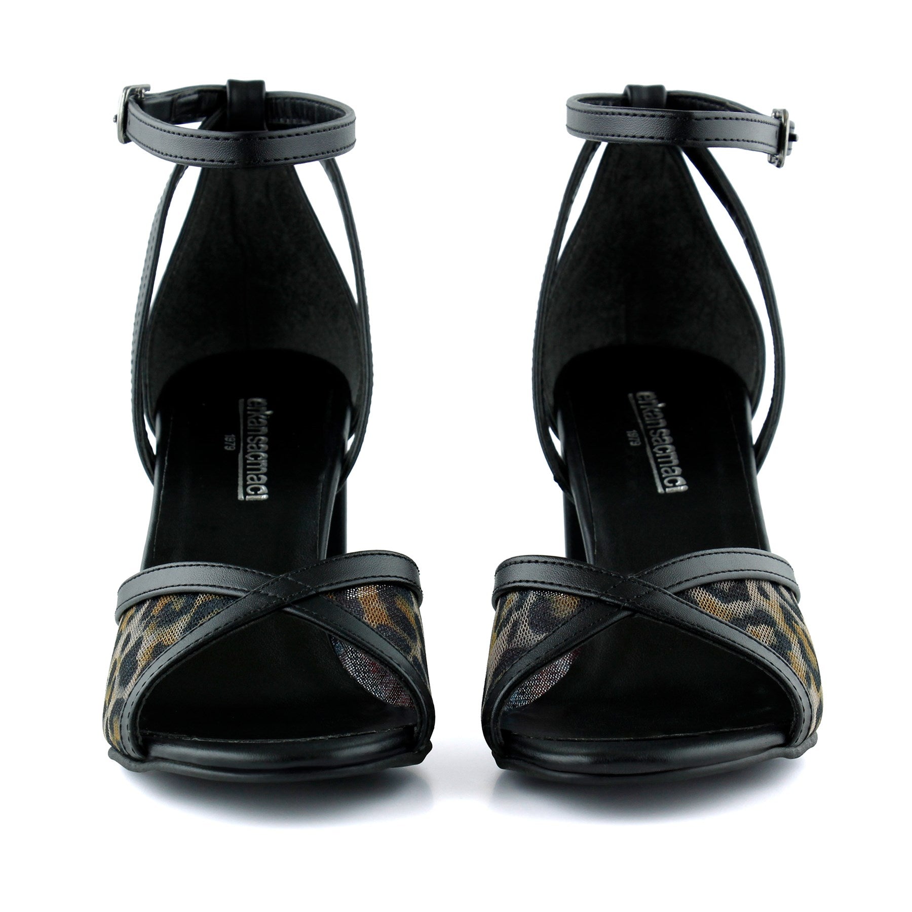 Charlotte Siyah Leopar Çapraz Bantlı Fileli Kalın Topuklu Zarif Abiye Ayakkabı