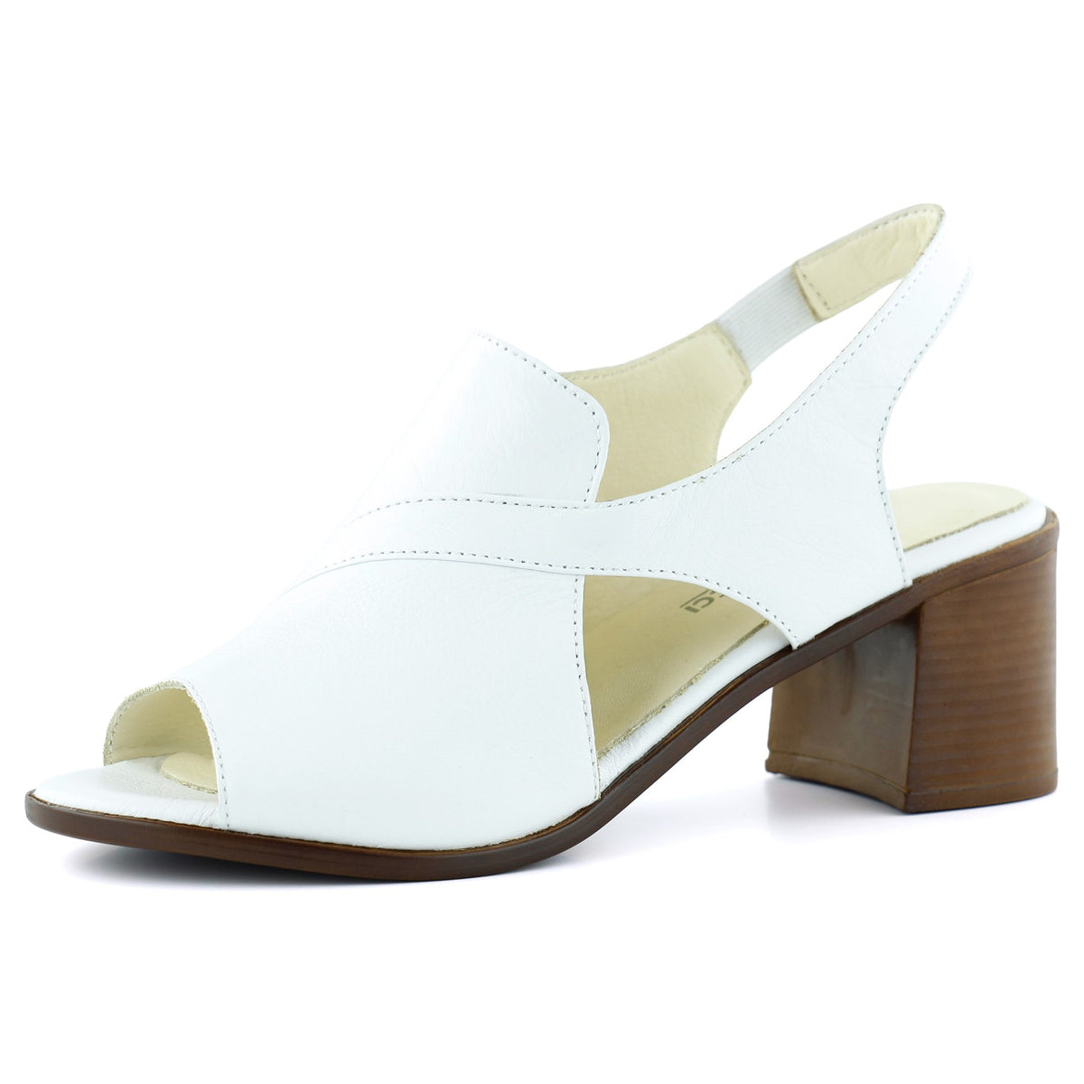 Saules Beyaz Hakiki Deri Kesik Detaylı Lastik Bantlı Topuklu Sandalet